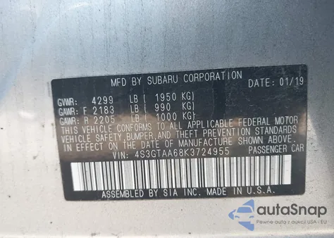 2019 Subaru Impreza 2.0I z USA, uszkodzony, nr VIN 4S3GTAA68K3724955